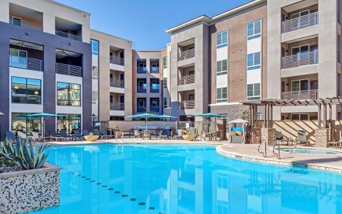 Pool, Spa, and Building Exterior at Camden Tempe apartments in Tempe, Arizona