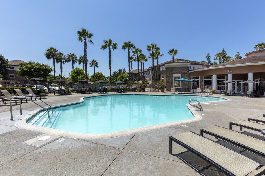 Swimming pool with lounge chairs at Camden Sierra at Otay Ranch apartments in Chula Vista, CA