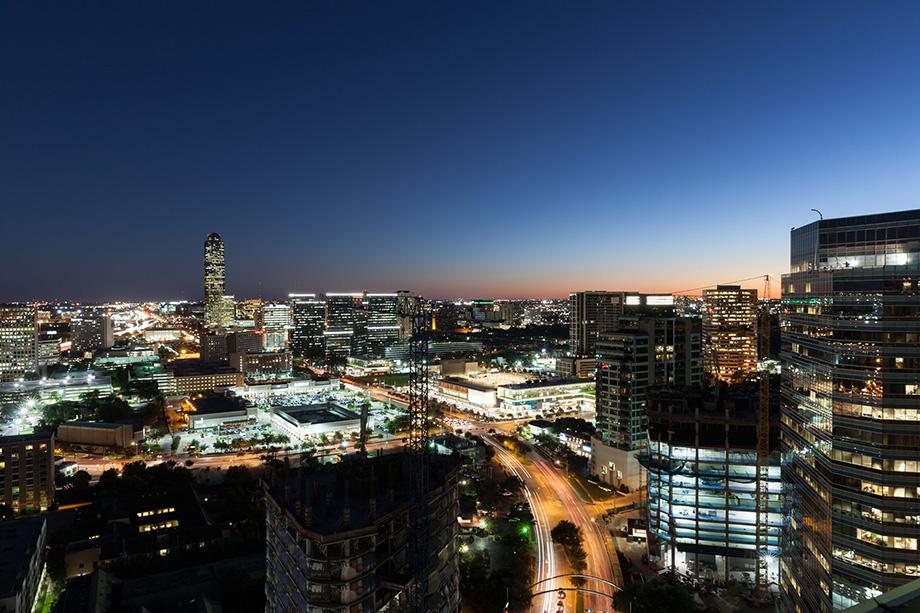 Nighttime Uptown Park and Houston Galleria Views at Camden Post Oak High Rise Luxury Apartments in Houston Galleria, Texas