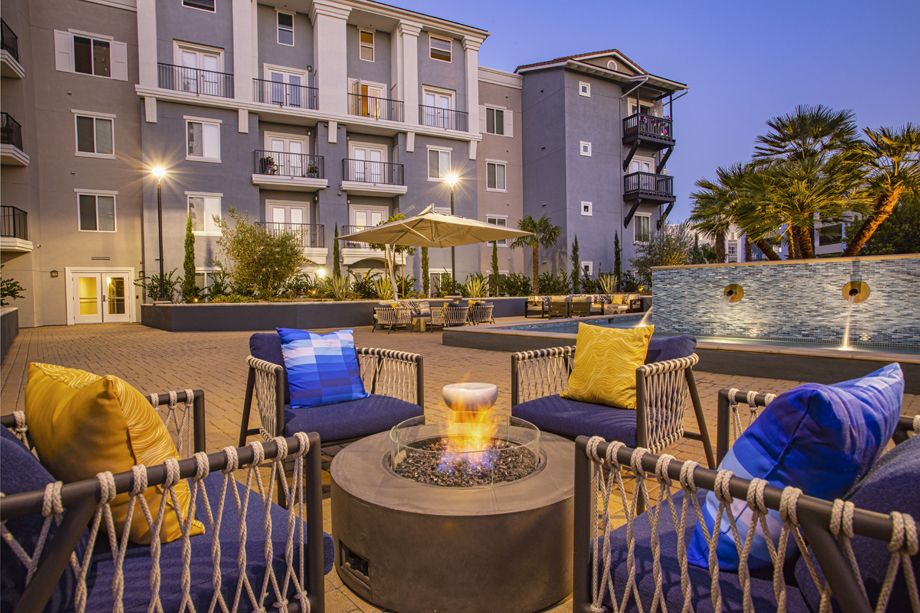 Outdoor Lounge with Fire Pit at Camden Harbor View Apartments in Long Beach, CA