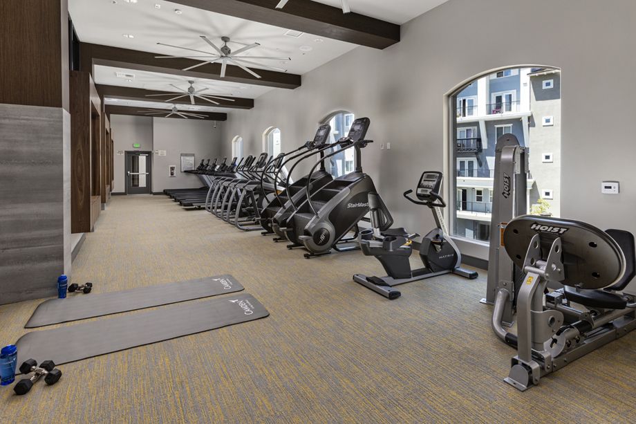 Fitness Center with cardio equipment at Camden Harbor View Apartments in Long Beach, CA