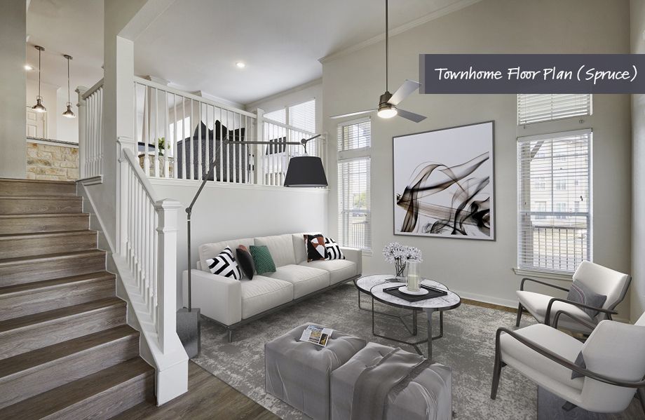Townhome living room and stairs at Camden Cedar Hills apartments in Austin, TX