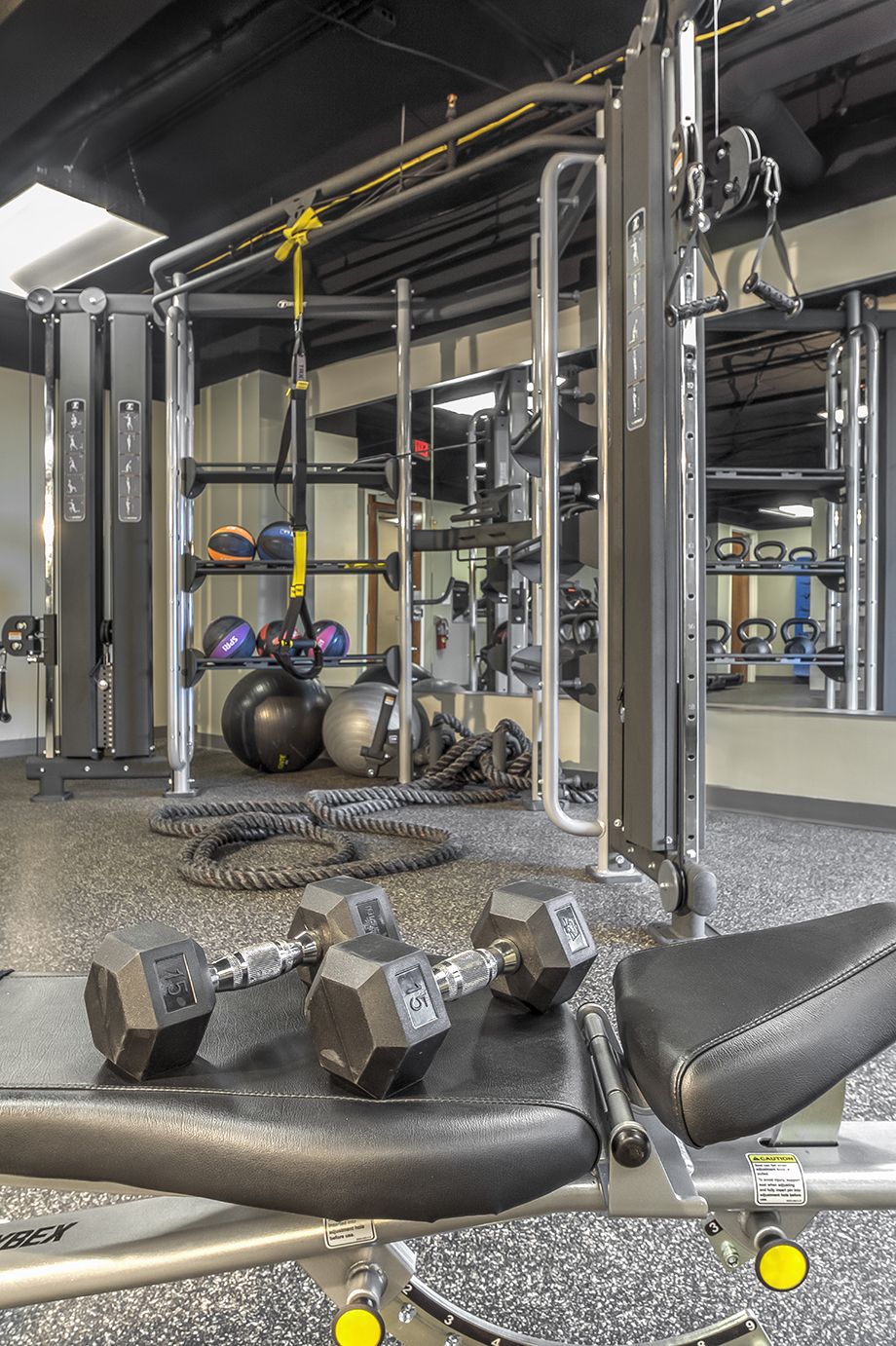 Fitness center with free weights at Camden Grandview Townhomes in Charlotte, NC