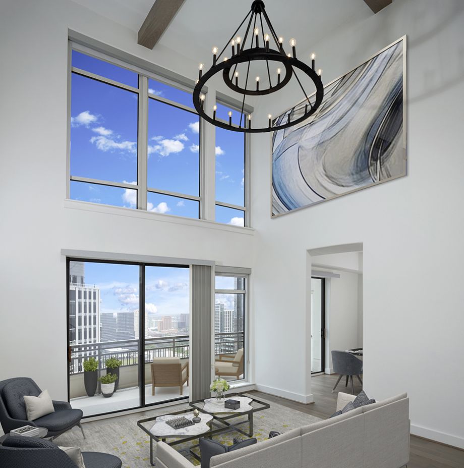 Penthouse Living Area with Galleria Views at Camden Post Oak High Rise Luxury Apartments