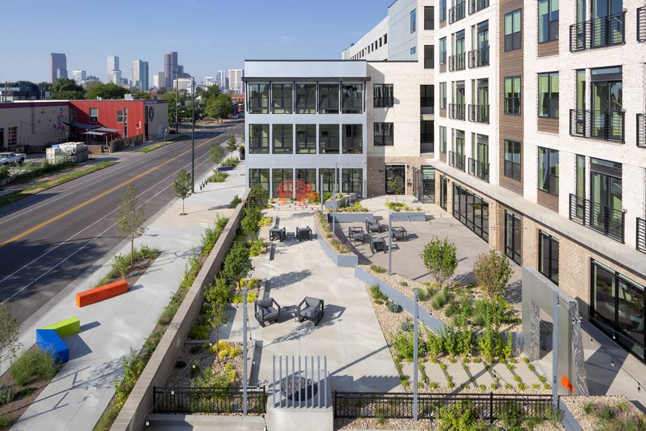 Camden RiNo apartments in Denver, Colorado live work outdoor lounge
