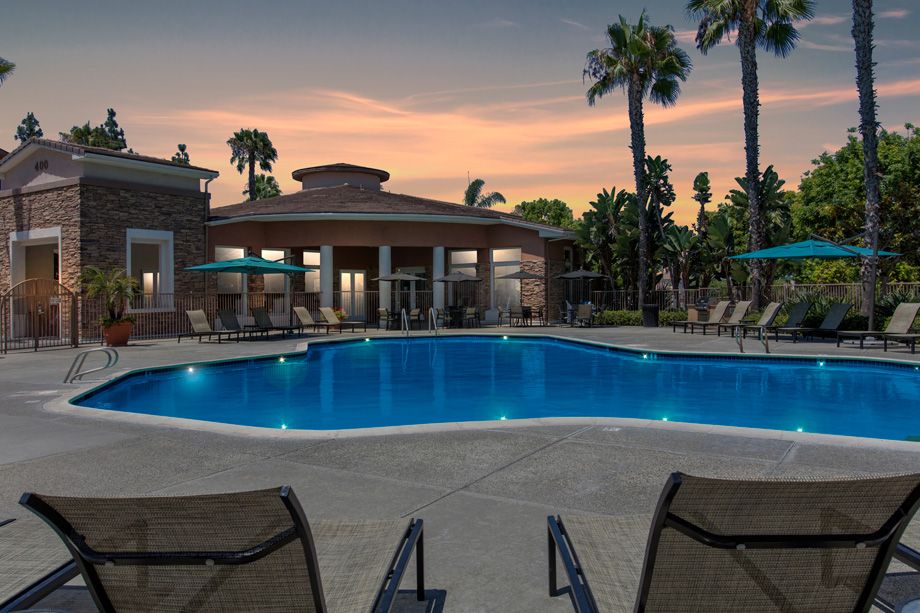 Swimming Pool at dusk at Camden Sierra at Otay Ranch apartments in Chula Vista, CA