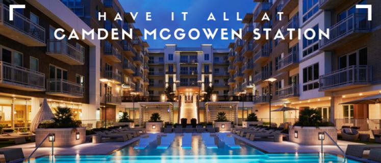 Have It All at Camden McGowen Station Camden McGowen Station Apartments Sunset Pool View with Blog Title in Midtown Houston, TX